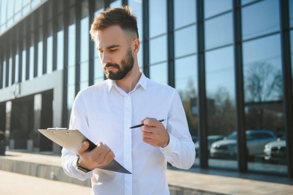 Male Realtor Standing Outside Residential Property Holding Keys